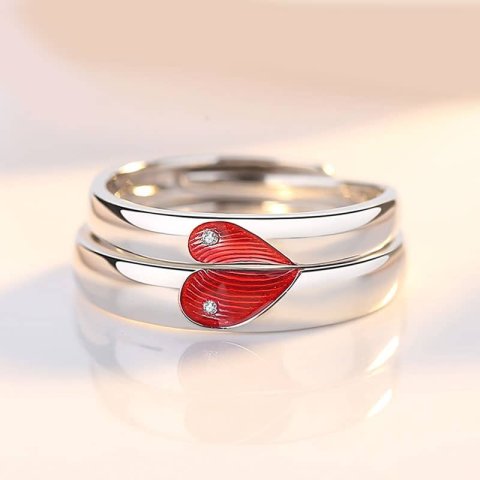 (image for) Red Fingerprint Heart Matching Promise Rings in 925 Sterling Silver