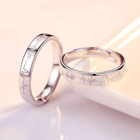 (image for) Matching Couple Heartbeat Engraved Promise Rings Set In Sterling Silver