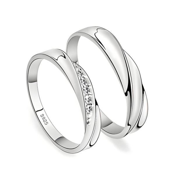 (image for) CZ Diamond Accents Wave Matching Couple Rings Set In Sterling Silver