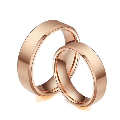 Matching Rose Gold Tungsten Couple Rings with Flat Center and Beveled Edges (image for) Matching Rose Gold Tungsten Couple Rings with Flat Center and Beveled Edges