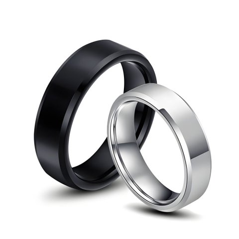 (image for) Matching Silver White and Black Tungsten Couple Rings Set High Polished Finish