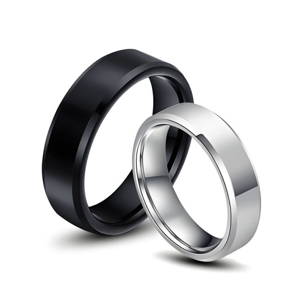 (image for) Matching Silver White and Black Tungsten Couple Rings Set High Polished Finish