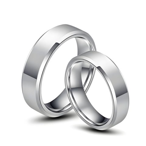 (image for) Silver White Tungsten Couple Rings High Polished Matching His and Hers Wedding Bands with Beveled Edges