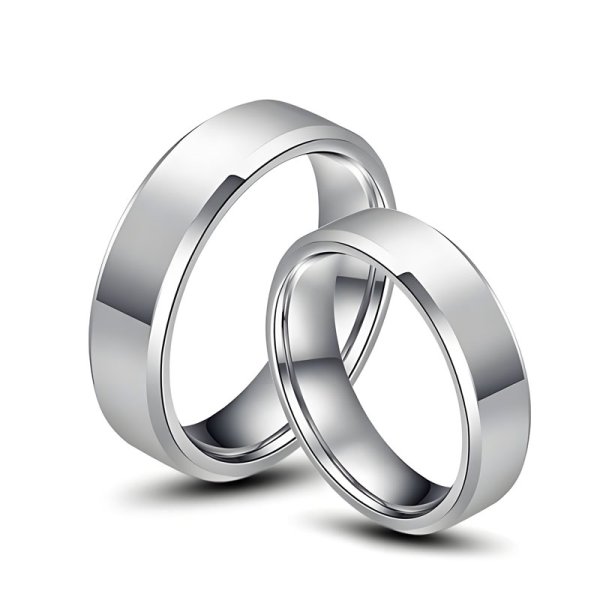 (image for) Silver White Tungsten Couple Rings High Polished Matching His and Hers Wedding Bands with Beveled Edges