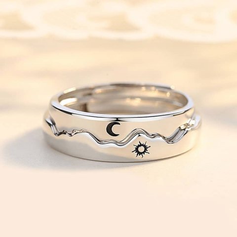 (image for) Sun And Moon Polished Sterling Silver Matching Couple Heartbeat Rings - Adjustable Size