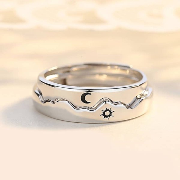 (image for) Black Sun And Moon Engraved Sterling Silver Matching Rings For Couples