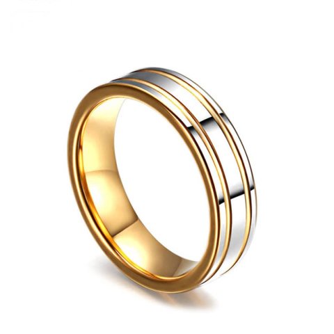 (image for) Two-Tone Tungsten Wedding Bands, Gold Plated Tungsten Carbide Wedding Ring Band with Polished Center & Grooves, Matching His and Hers Jewelry Set for Couples