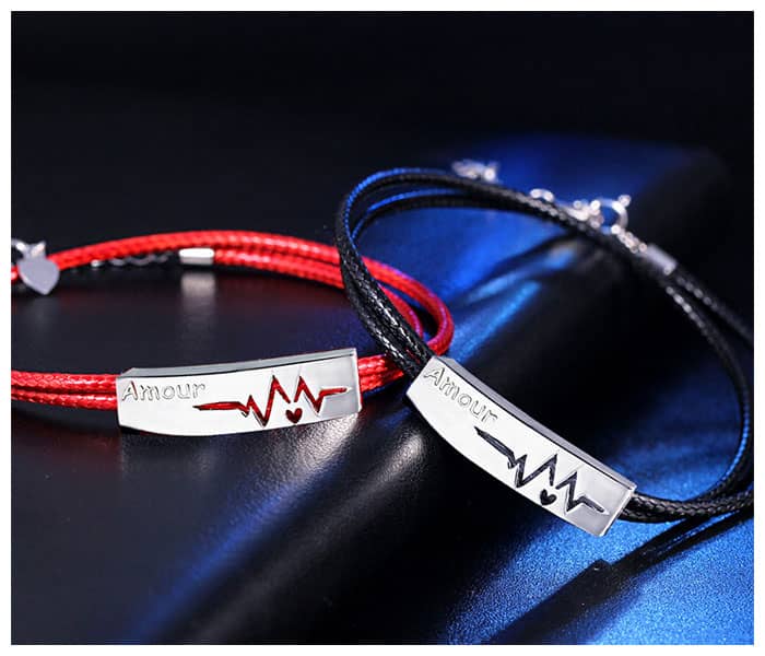 Matching Leather Heartbeat Bracelets for Couples