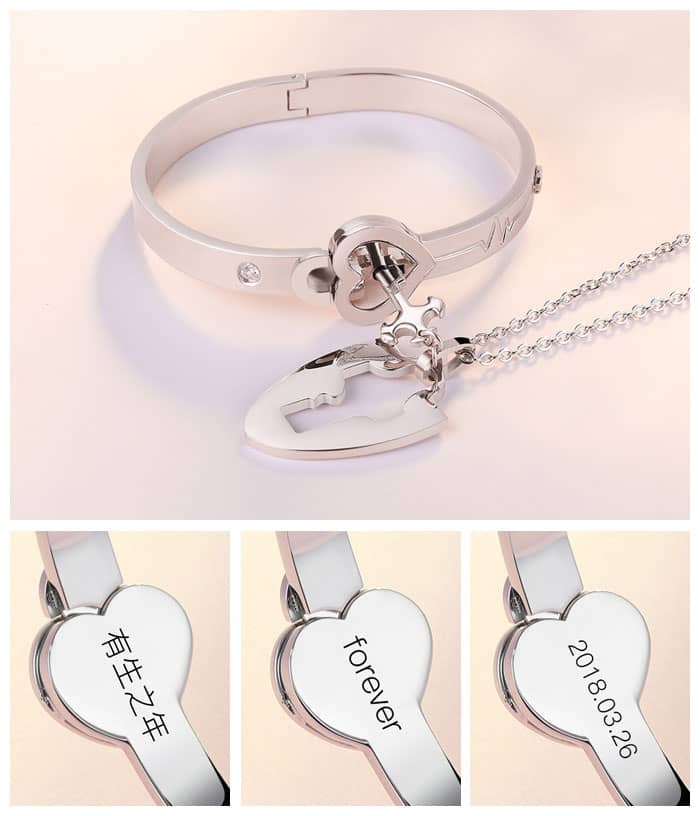Matching Couple Key Necklace and Heart Lock Bracelet Set