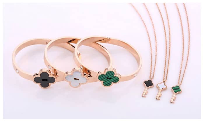 Lucky Clover Matching Key Necklace and Lock Bracelet Set