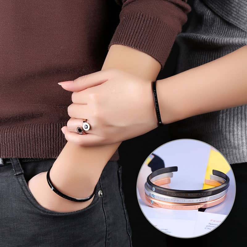 (image for) LOVE YOU IS MY FATE Black Stainless Steel Matching Cuff Bracelets For Couples