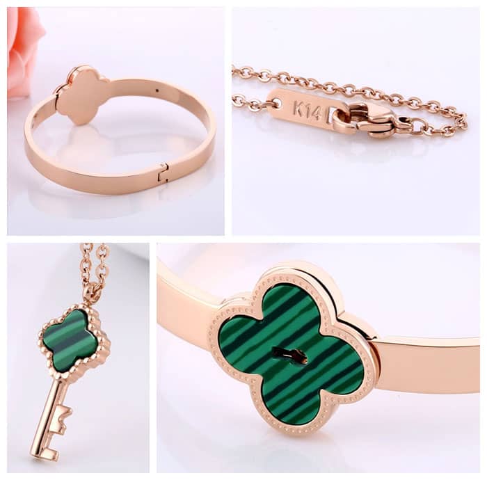 Lucky Clover Matching Key Necklace and Lock Bracelet Set