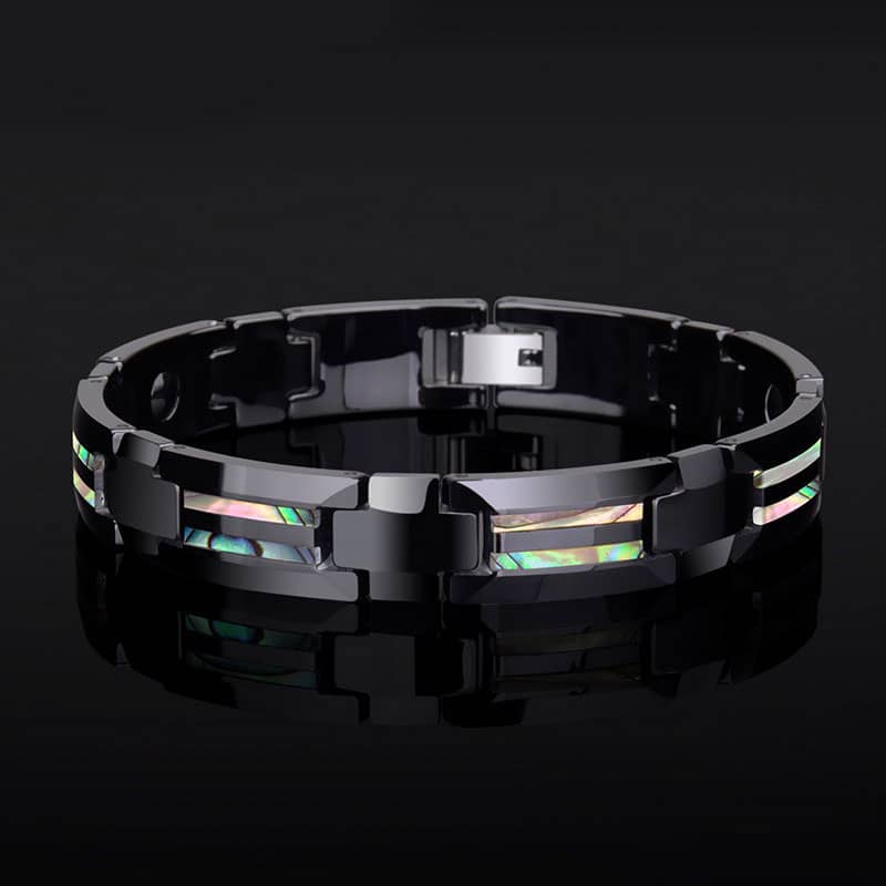 (image for) Black Ceramic Link Bracelet For Men, High Polished Magnetic Ceramic Bracelet With Mother Of Pearl Inlay, Unique Fashion Health Ceramic Jewelry Gift For Boyfriend