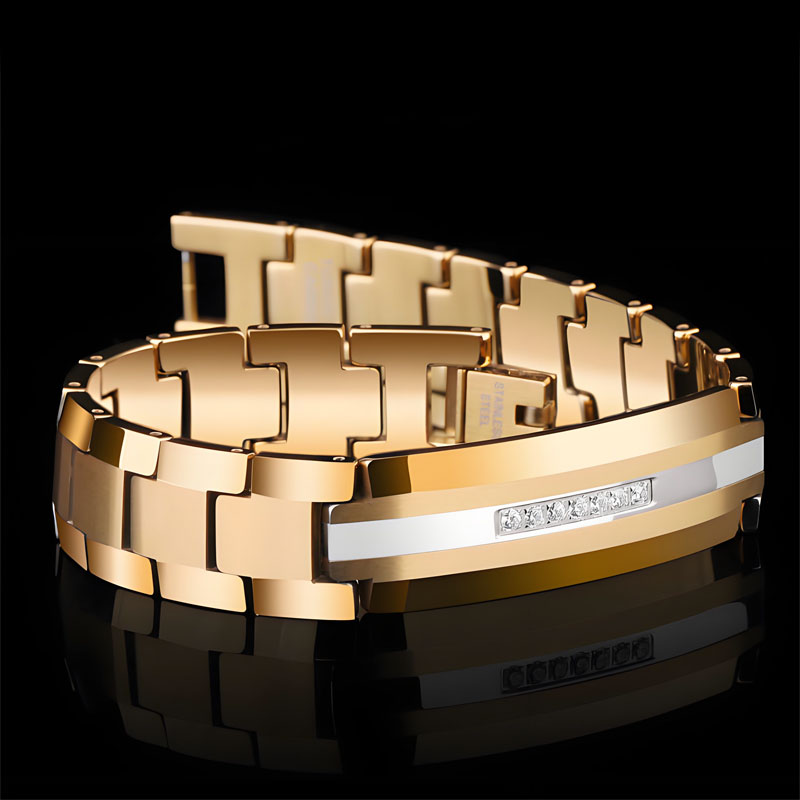 (image for) Personalized Mens Gold Tungsten Carbide ID Bracelet With CZ Diamonds 14MM Wide