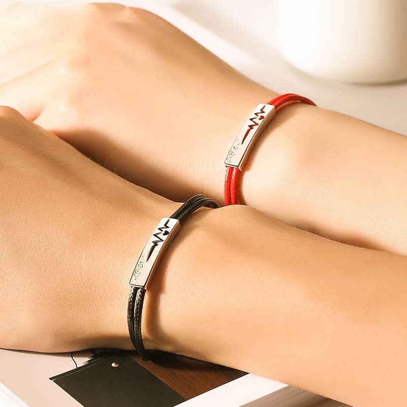 (image for) Matching Couple Heartbeat Tag Leather Bracelets In 925 Sterling Silver