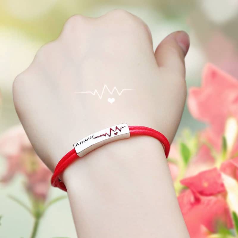 (image for) Matching Couple Heartbeat Tag Leather Bracelets In 925 Sterling Silver