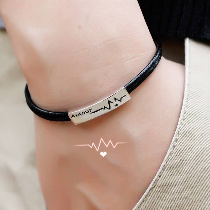 (image for) Matching Couple Heartbeat Tag Leather Bracelets In 925 Sterling Silver