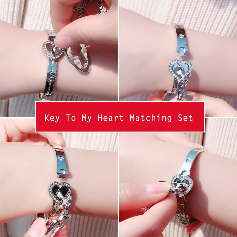 (image for) Key To My Heart Matching Lock Bangle & Knight Shield Key Necklace Set In Titanium Steel