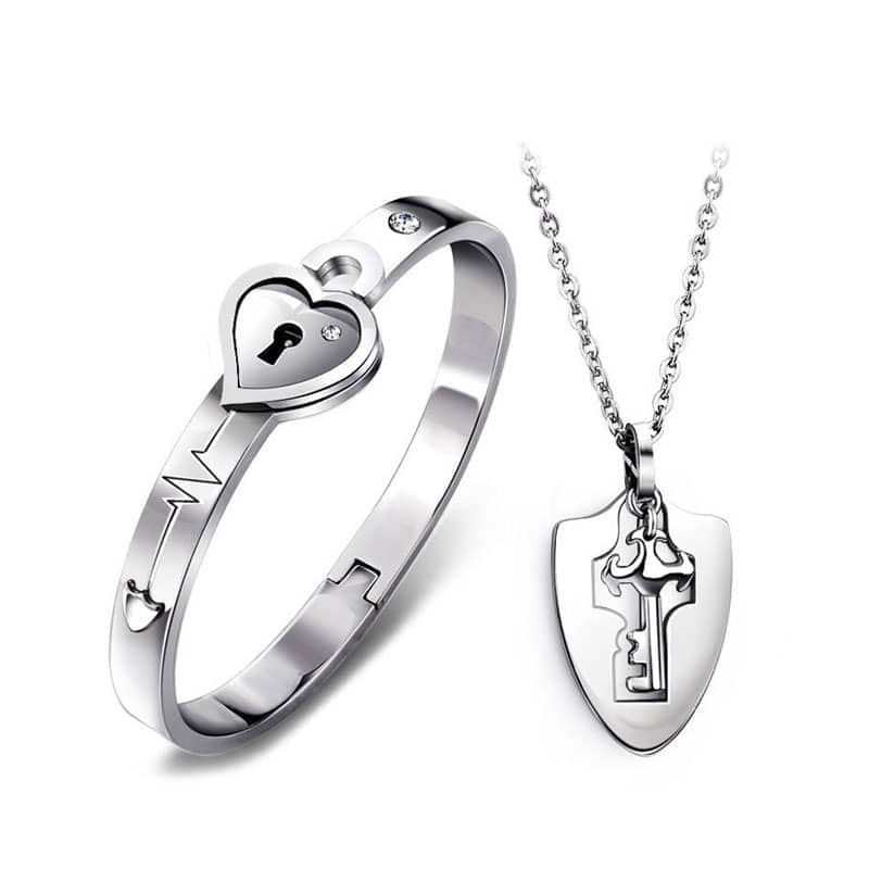 (image for) Key To My Heart Matching Lock Bangle & Knight Shield Key Necklace Set In Titanium Steel