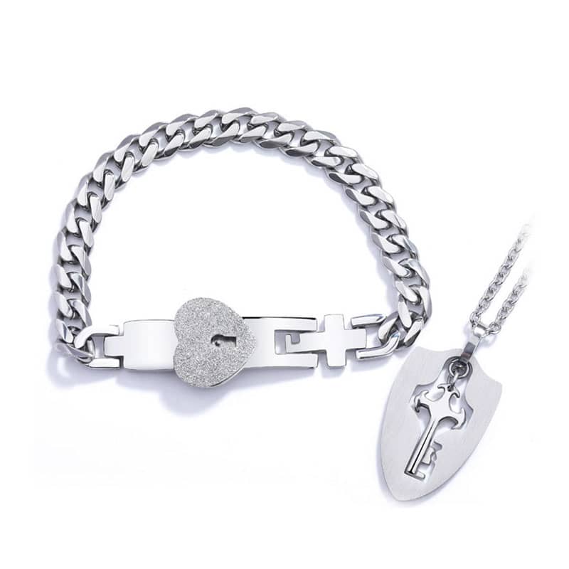 (image for) Key To My Heart Matching Lock Bracelet & Knight Shield Key Pendant Set In Titanium Steel