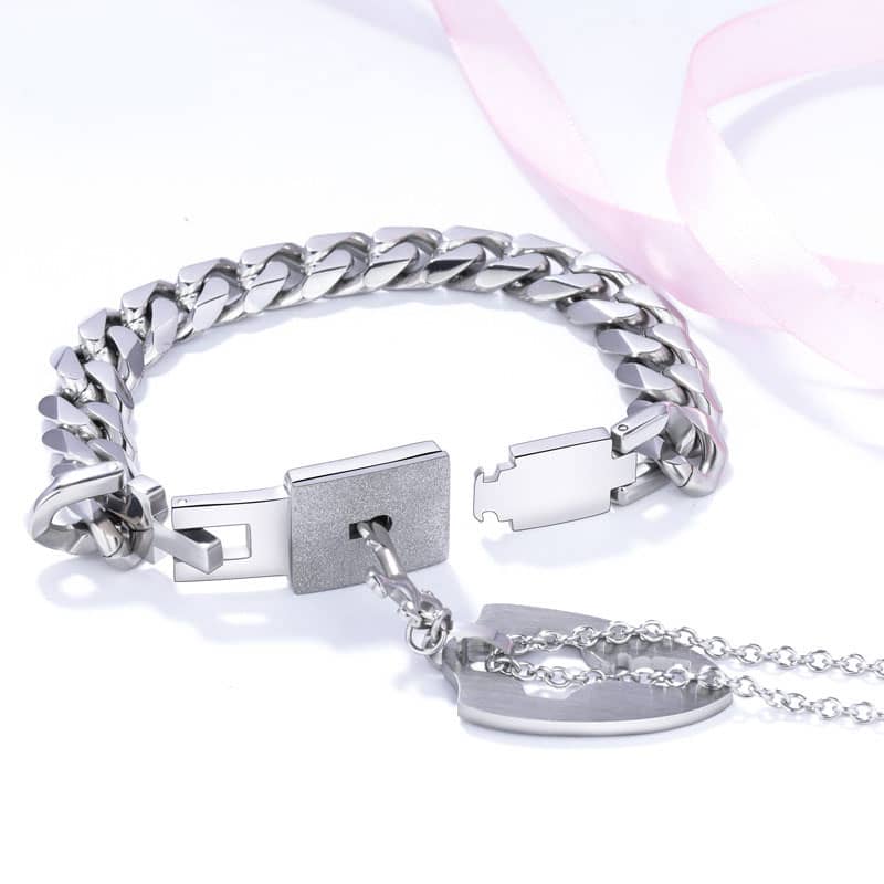 (image for) Key To My Heart Matching Lock Bracelet & Knight Shield Key Pendant Set In Titanium Steel