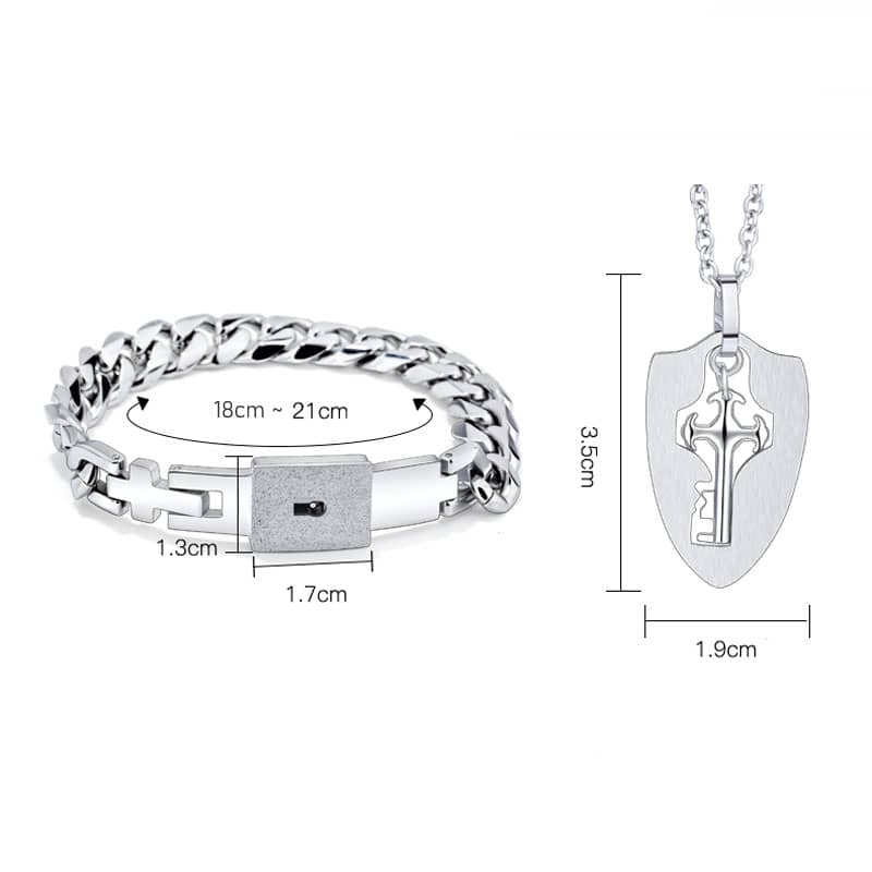 (image for) Key To My Heart Matching Lock Bracelet & Knight Shield Key Pendant Set In Titanium Steel