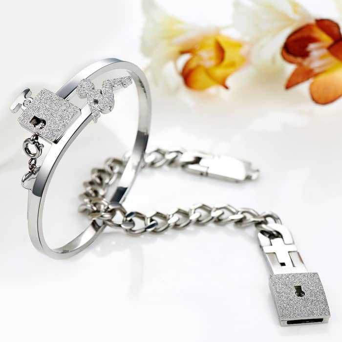 (image for) Matching Couple Lock Bracelet And Heart Key Bangle Set In Titanium Steel