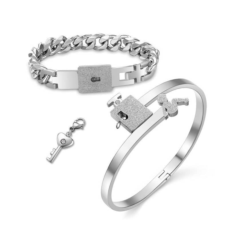 Engraved Lock and Key Bracelet Pendant Necklace Set for Couples