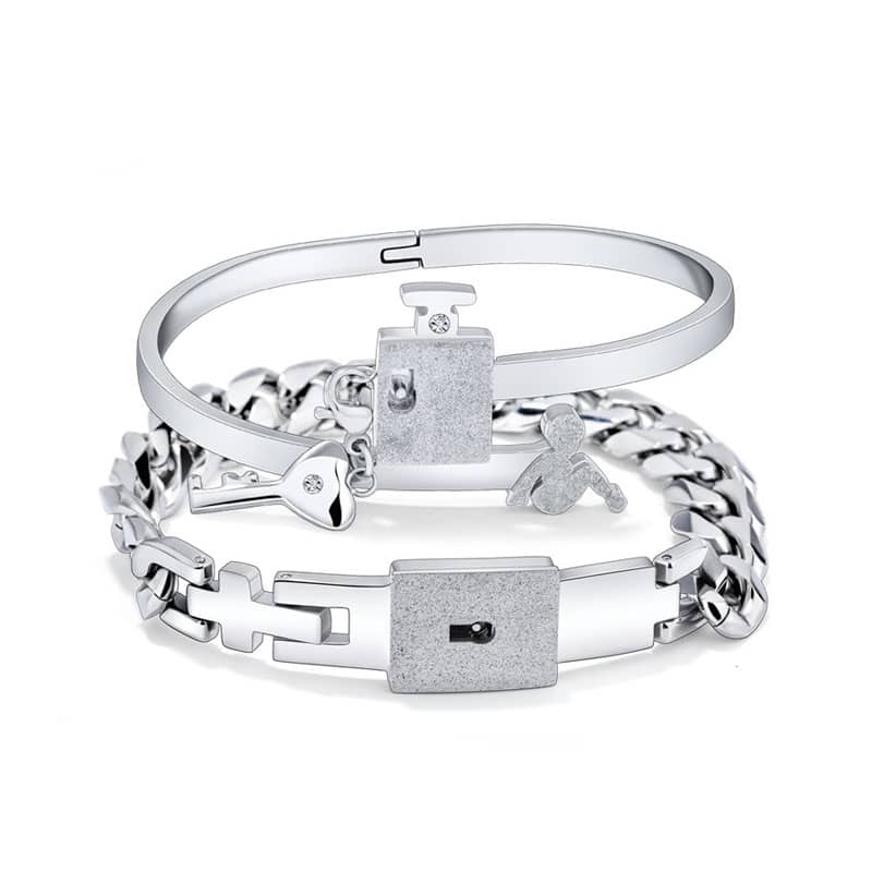 Matching Couple Lock Bracelet And Heart Key Bangle Set In Titanium Steel :  iDream Jewelry