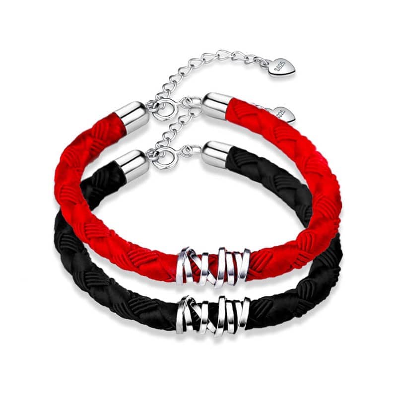 (image for) Coise Couple Bracelets, Black / Red Weave Rope Bracelets for Women and Men, Rose Gold Weave Bracelet in Sterling Silver, Matching His and Hers Jewelry Set for Couples