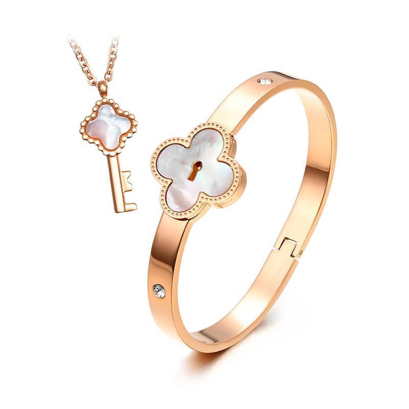 (image for) Rose Gold Lucky Clover Matching Lock & Key Bangle And Necklace Set In Titanium Steel