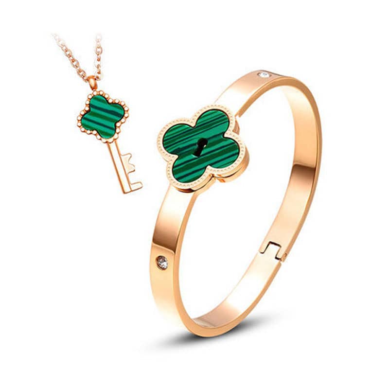 (image for) Rose Gold Lucky Clover Matching Lock & Key Bangle And Necklace Set In Titanium Steel