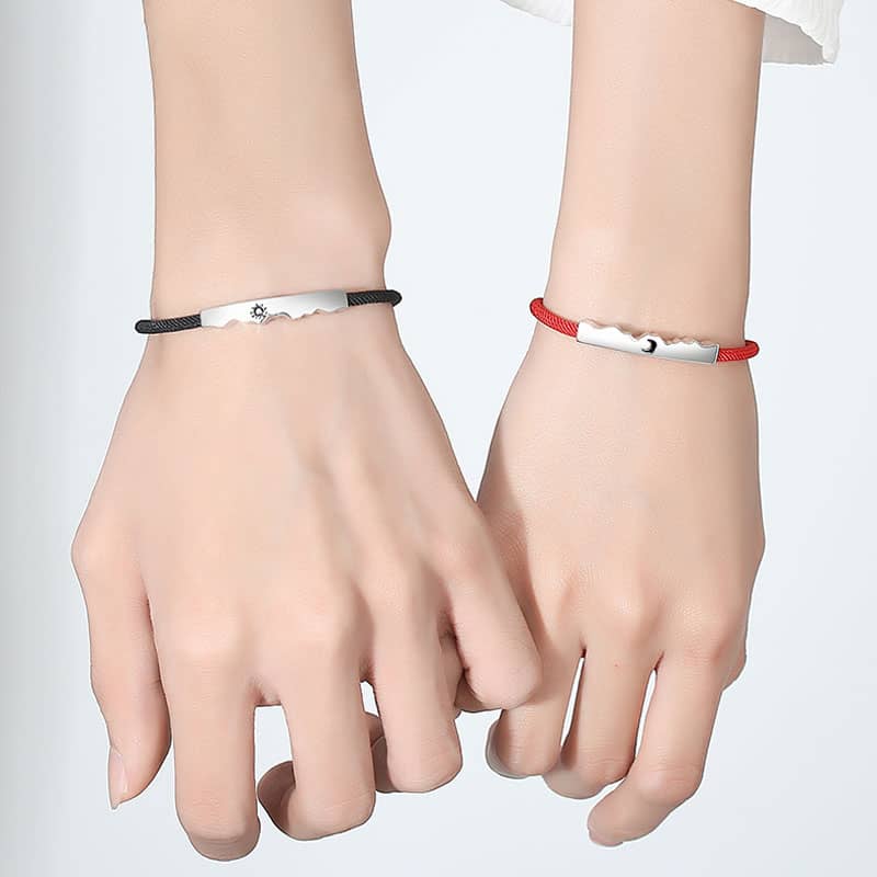 (image for) Sterling Silver Sun And Moon Matching Heartbeat Tag Rope Bracelets Set For Couples