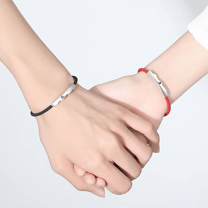 (image for) Sterling Silver Sun And Moon Matching Heartbeat Tag Rope Bracelets Set For Couples