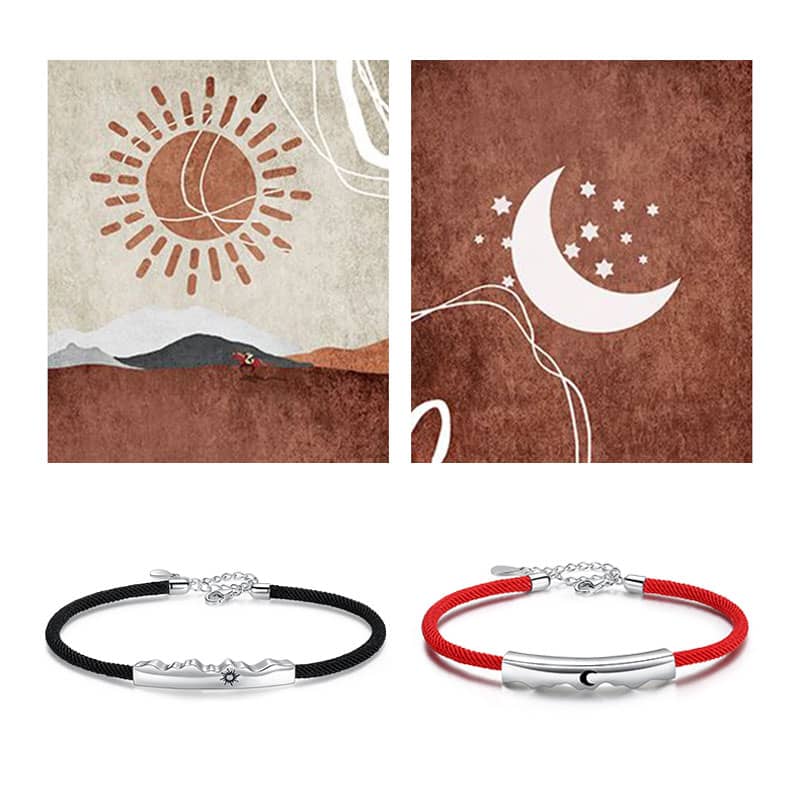 (image for) Sterling Silver Sun And Moon Matching Heartbeat Tag Rope Bracelets Set For Couples