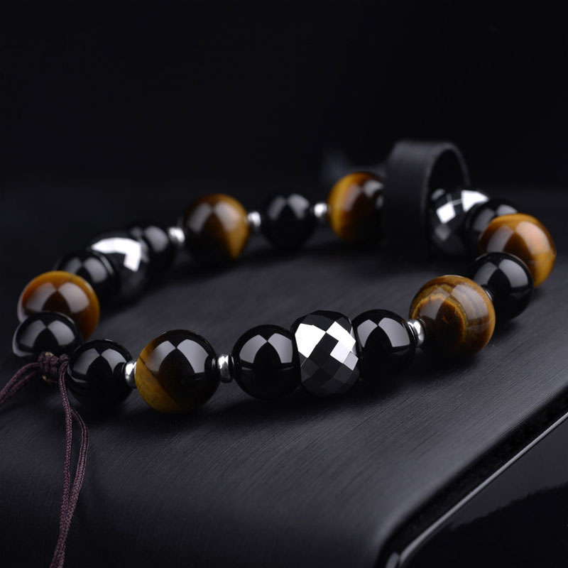 (image for) Mens Tungsten Carbide Bead Bracelet with Tiger Eye and Black Agate Ball Stones
