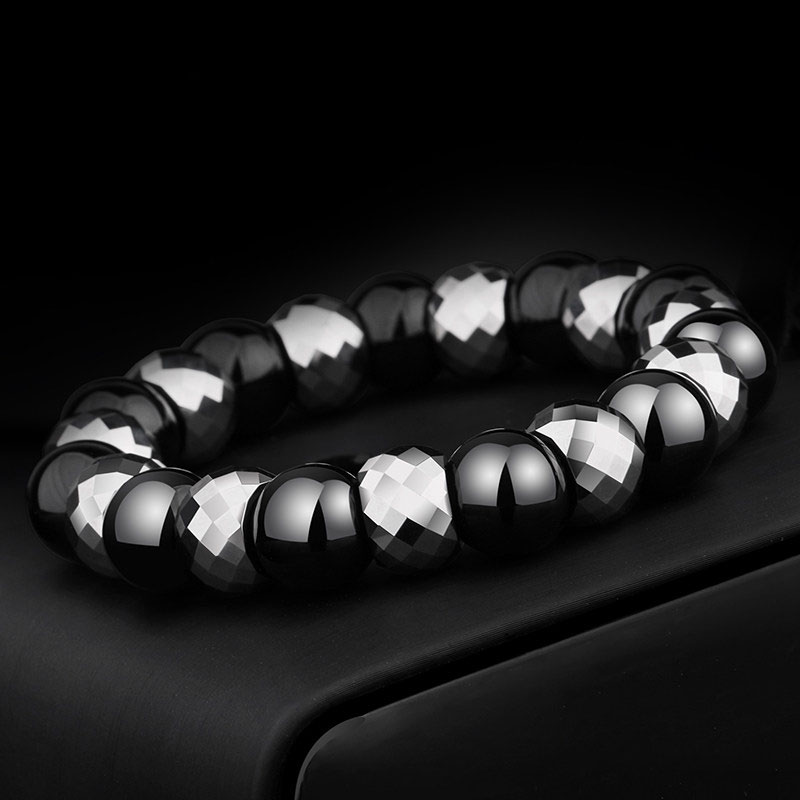 (image for) Tungsten Carbide Black Agate Bead Bracelet for Men