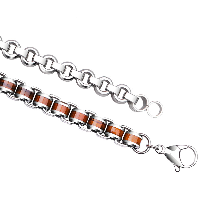 (image for) Tungsten Carbide Cylinder Bead Link Bracelet with Koa Wood Inlay