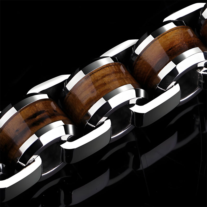 (image for) Tungsten Carbide Cylinder Bead Link Bracelet with Koa Wood Inlay