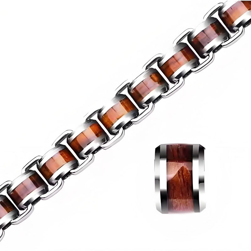 (image for) Tungsten Carbide Cylinder Bead Link Bracelet with Koa Wood Inlay
