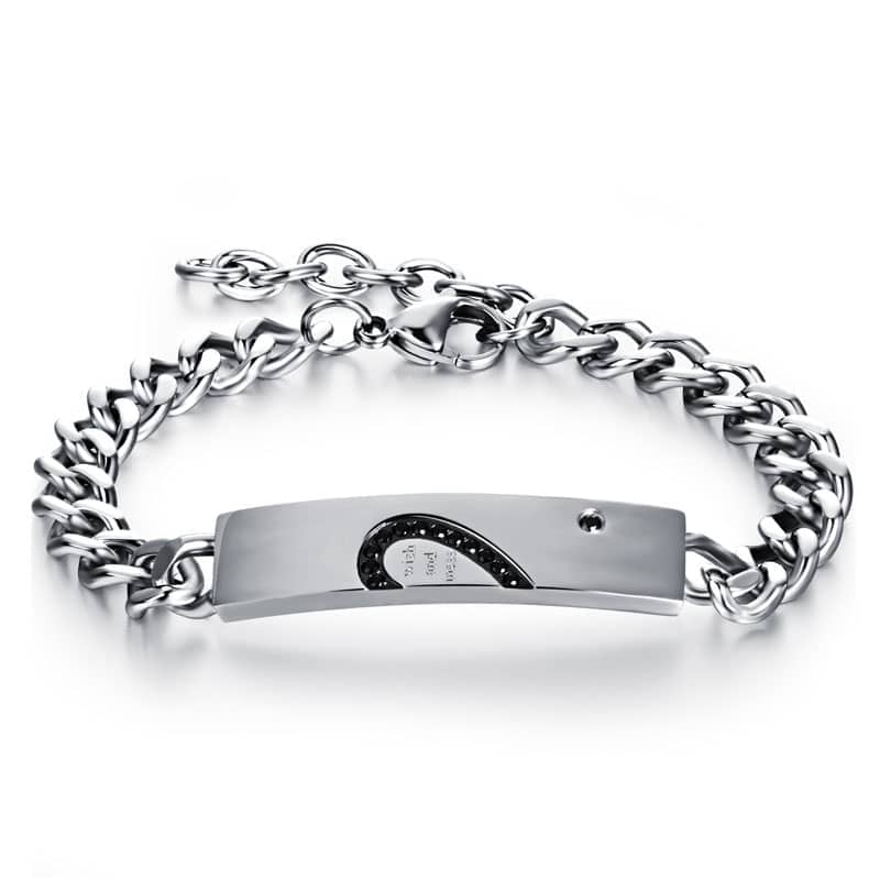 (image for) Titanium Steel Matching Heart Tag Bracelets With Black & White CZ Diamond Accents