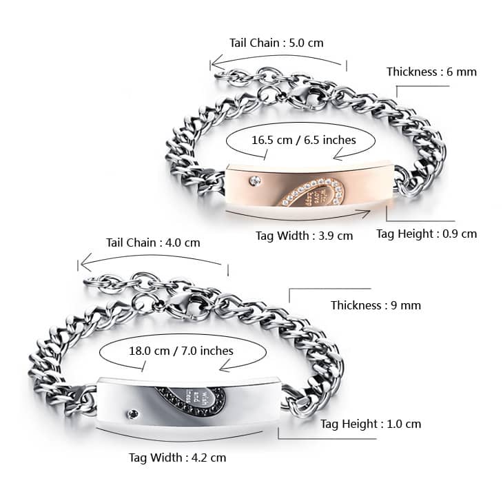 (image for) Titanium Steel Matching Heart Tag Bracelets With Black & White CZ Diamond Accents