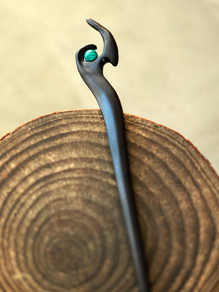 (image for) Ebony Wood Turquoise Bead Antique Chinese Hair Pin