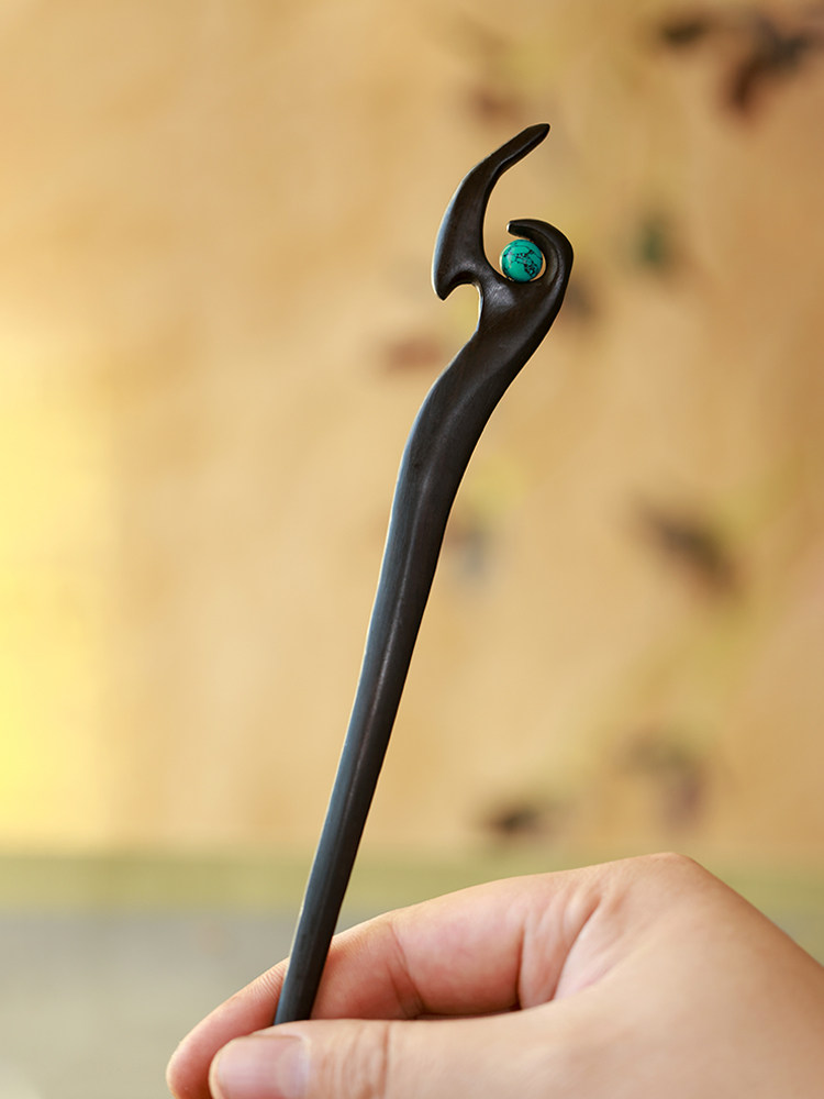 (image for) Ebony Wood Turquoise Bead Antique Chinese Hair Pin