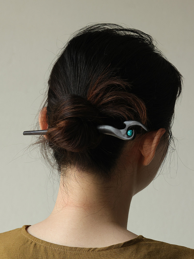 (image for) Ebony Wood Turquoise Bead Antique Chinese Hair Pin