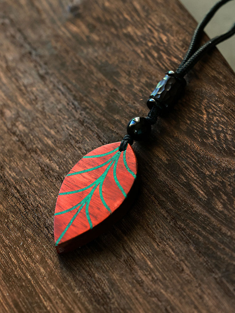 (image for) Rosewood Red Sandalwood Malachite Leaf Pendant Necklace