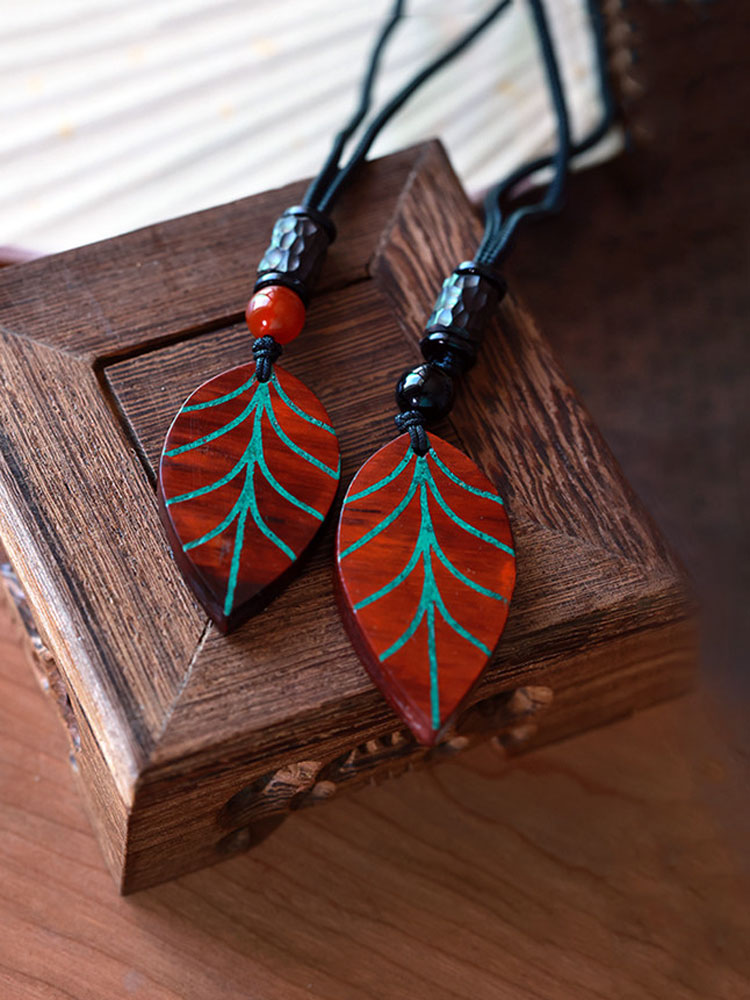 (image for) Rosewood Red Sandalwood Malachite Leaf Pendant Necklace