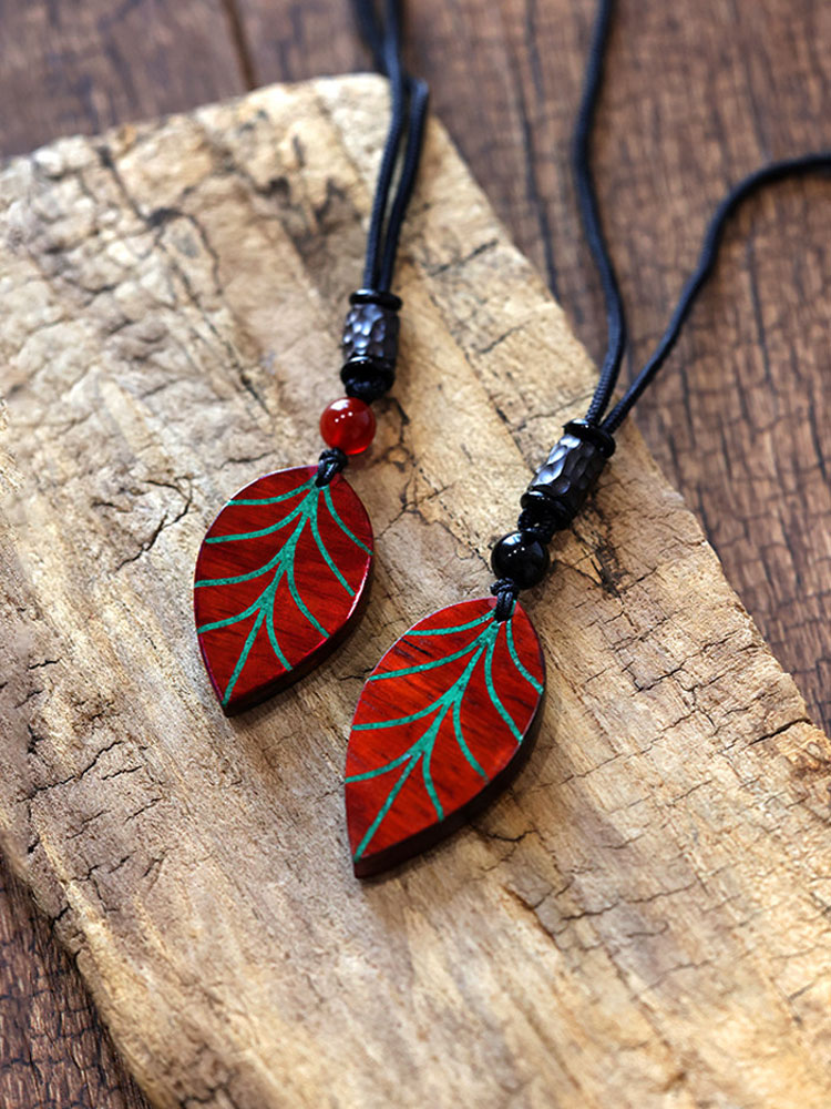 (image for) Rosewood Red Sandalwood Malachite Leaf Pendant Necklace