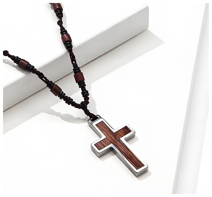 tungsten koa wood cross necklace