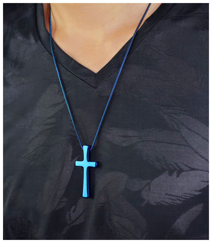blue tungsten cross pendant necklace